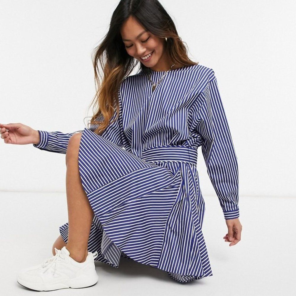 Derek Lam 10 Crosby Blue / White Long Sleeve Godet Skirt Dress Size8 Runs large